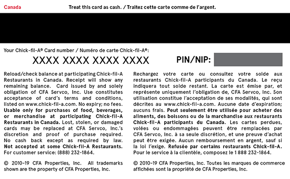 Gift cards ChickfilA Canada